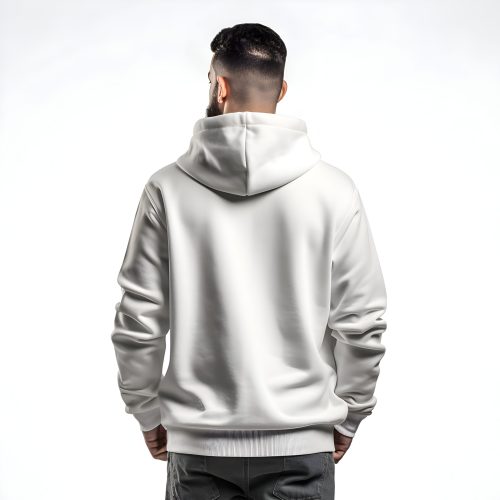 Young man in white sweatshirt on white background. Back view. Young man in white sweatshirt on white background. Back view.